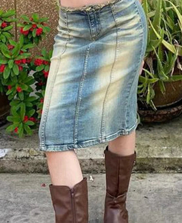 Vintage Slim Denim Bodycon Casual Low Waisted Midi Skirts for Women Summer Spring Fashion Streetwear  -  GeraldBlack.com