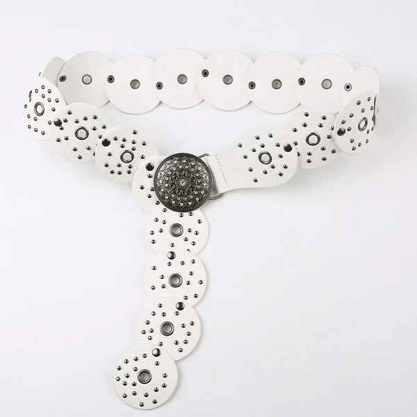 Vintage Style Studded Belts for Women Buckle White PU Leather Fashion Belts  -  GeraldBlack.com