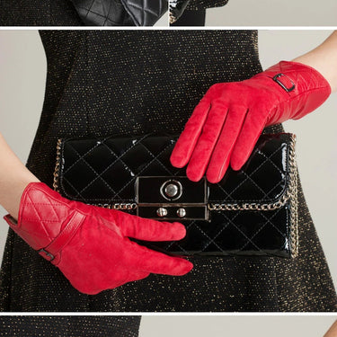 Warm Color Genuine Sheepskin Leather Driving Suede Mesh Mittens Gloves for Women  -  GeraldBlack.com