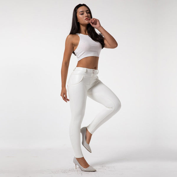 Warm Women Leather Leggings Solid Slim Fit Gym And Shaping Tights Ankle Length White Push Up Leggings  -  GeraldBlack.com