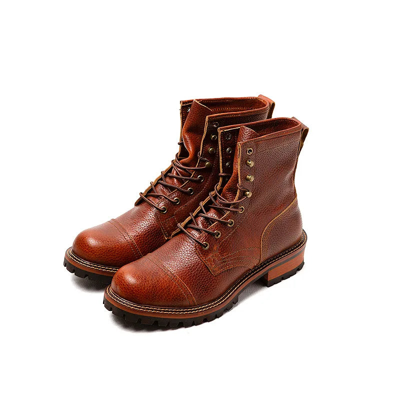 Wedge Vintage Men Handmade Cow Leather Safety Tooling Round Toe Motorcycle British Winter Ankle Boots  -  GeraldBlack.com