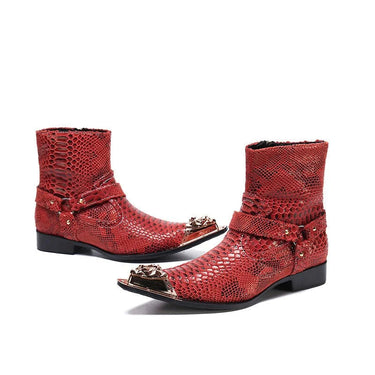 Western Cowboy Men Pointed Metal Tip Red Genuine Leather Motorcycle Ankle Boots Plus Sizes 46  -  GeraldBlack.com