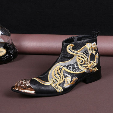 Western Cowboy Men's Pointed Toe Personality Embroidery Leather Ankle Motorcycle Fashion Botas  -  GeraldBlack.com
