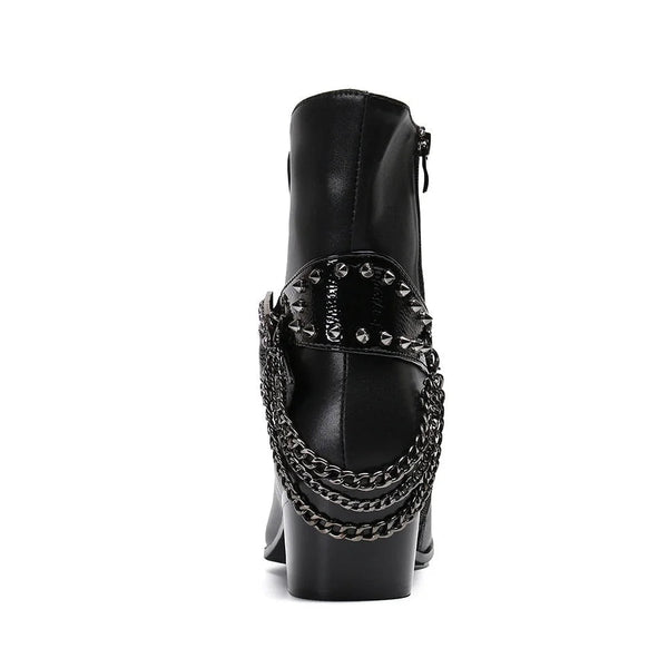 Western Cowboy Punk Men Pointed Toe Leather Buckles Chains Motorcycle Ankle Boot Big Sizes US12  -  GeraldBlack.com
