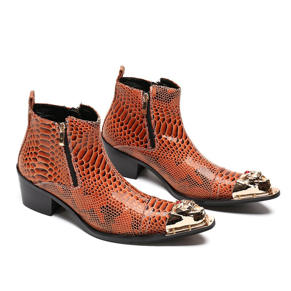 Western Men Genuine Leather Metal Toe 6.5cm High Heel Cowboy Handmade Ankle Boots  -  GeraldBlack.com