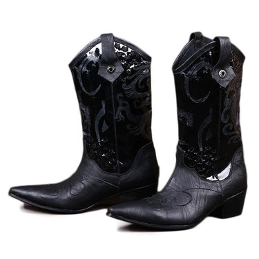 Western Men Mid-Calf Leather 6.5CM Black Pointed Toe Increased High Heels Leather Boots Big Size 38-46  -  GeraldBlack.com