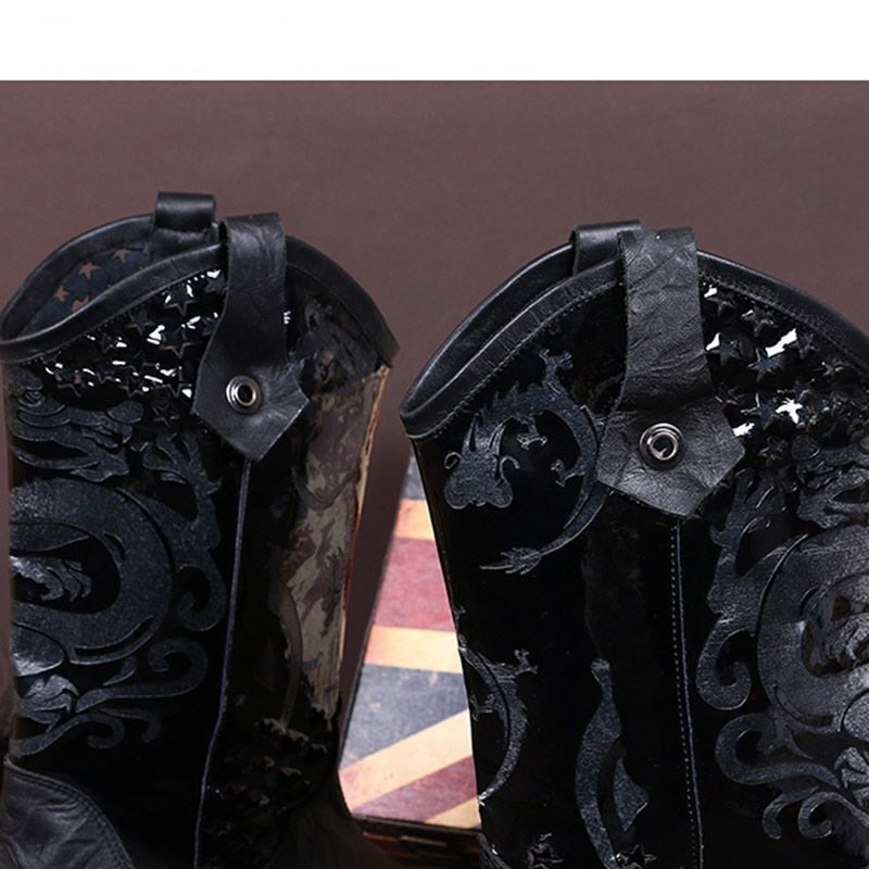 Western Men Mid-Calf Leather 6.5CM Black Pointed Toe Increased High Heels Leather Boots Big Size 38-46  -  GeraldBlack.com