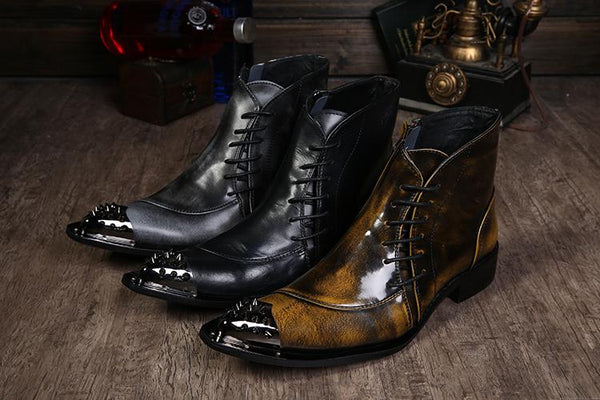Western Pointed Iron Toe Short Boots Bronze Motorcycle Ankle Boots for Men! Big Size 38-46  -  GeraldBlack.com