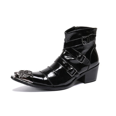 Western Punk Men's Black Soft Leather Pointed Metal Toe 6.5CM Heels Motorcycle Ankle Boots  -  GeraldBlack.com