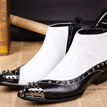 Western Rock ITALY TYPE Increased Height Pointed High-top Leather Black White Ankle Boots  -  GeraldBlack.com
