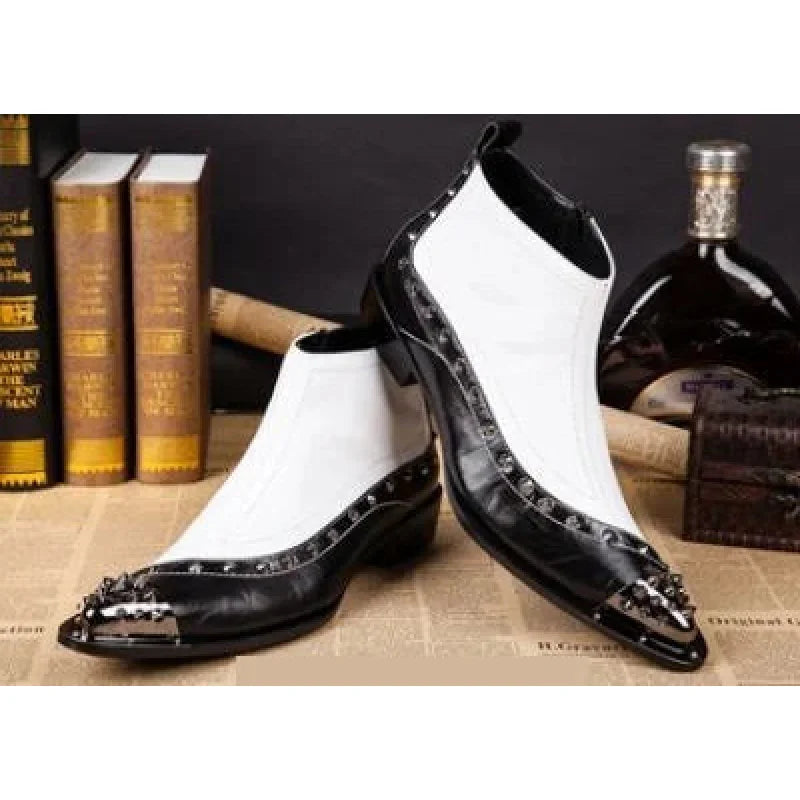 Western Rock ITALY TYPE Increased Height Pointed High-top Leather Black White Ankle Boots  -  GeraldBlack.com