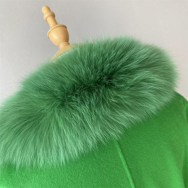 White Checked Women Natural Fox Fur Collar Cashmere Wool Blends Long Winter Outerwear Streetwear  -  GeraldBlack.com