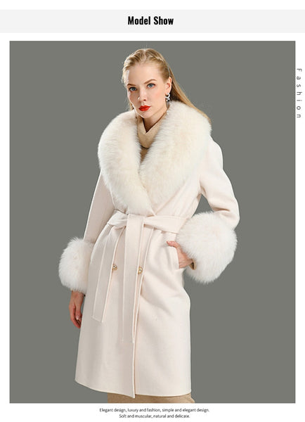 Women's White Winter Cashmere Wool Natural Fox Fur Collar Long Jacket