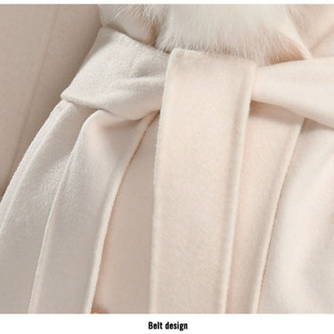 White Color Women Natural Fox Fur Collar Cashmere Wool Blends Long Winter Outerwear Streetwear  -  GeraldBlack.com