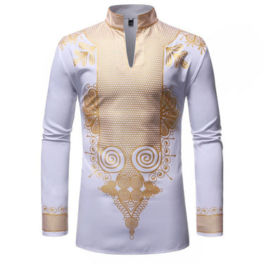 White Mandarin Collar Shirt Men Fashion Long Sleeve African Print Dress Casual Clothing  -  GeraldBlack.com