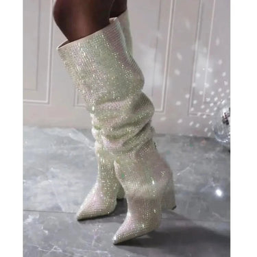 White Wedge Women Sparkly Crystals Pointy Toe Tapered High Heel  Slip-on Stage Party Knee High Boots  -  GeraldBlack.com
