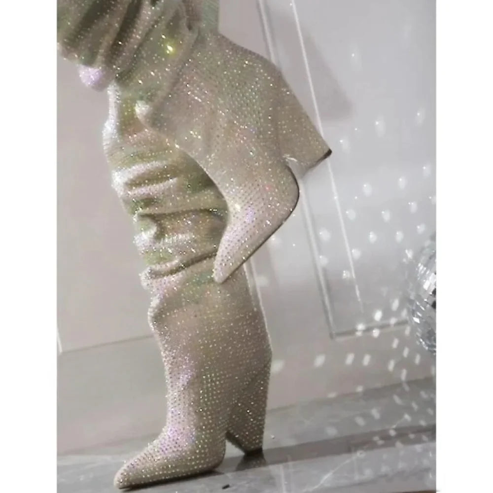 White Wedge Women Sparkly Crystals Pointy Toe Tapered High Heel  Slip-on Stage Party Knee High Boots  -  GeraldBlack.com