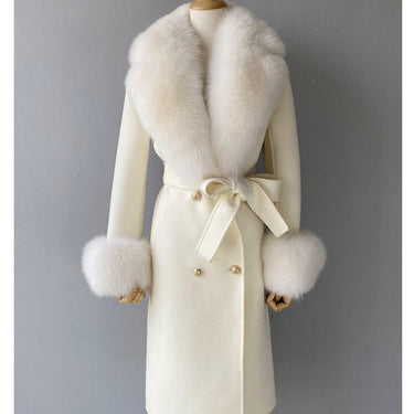 White Women's Double Faced Winter Slim Long Wool Cashmere Real Fox Fur Collar Cuffs Coat Outerwear  -  GeraldBlack.com