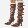 Winter Brown Buckle Knee Boots Solid Pointed Toe Luxury Sexy Work Fashion Zipper Shoes For Women  -  GeraldBlack.com