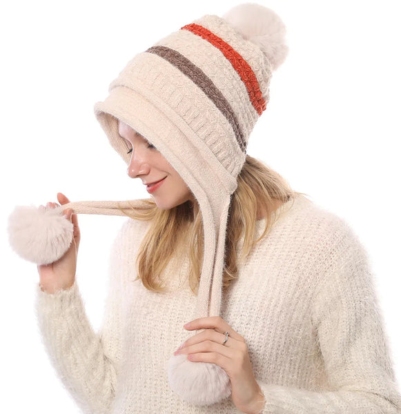 Women's Winter Knitted Striped Earflap Beanie Hat with Pompom Ball