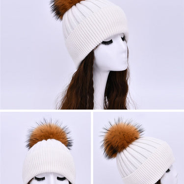 Winter Female Patchwork Warm Knitted Natural Raccoon Fur Wool Fashion Pompon Hat  -  GeraldBlack.com