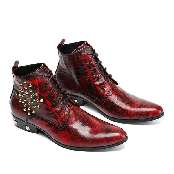 Winter Men Fashion Pointed Wine Red Leather Heels with Stars Party Boot  -  GeraldBlack.com