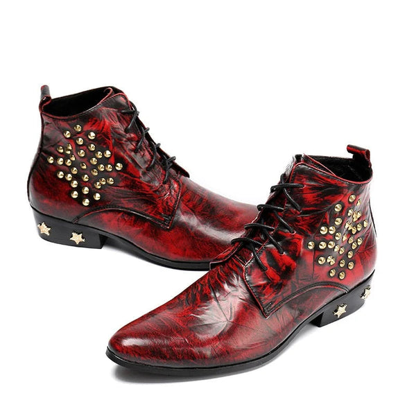 Winter Men Fashion Pointed Wine Red Leather Heels with Stars Party Boot  -  GeraldBlack.com