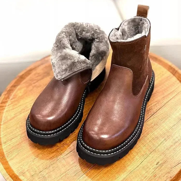 Winter Mens Snowy Zipper Round Toe Warm Wool Lining Non-Slip Platform Genuine Leather Short Boots  -  GeraldBlack.com