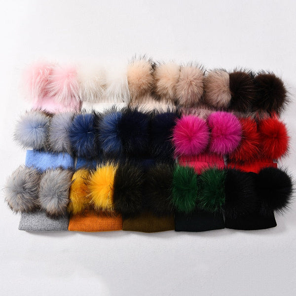 Winter Warm Crochet Warm Girls Boys Lovely Wool Real Raccoon Fur Two Pom Pom Beanie Cap  -  GeraldBlack.com