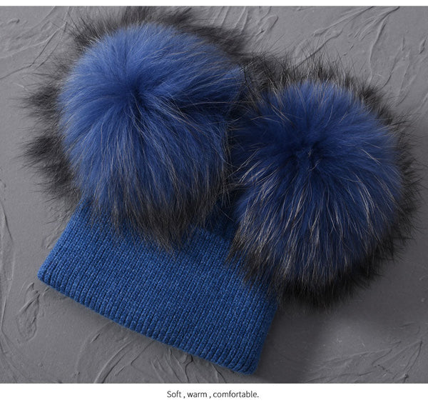 Winter Warm Crochet Warm Girls Boys Lovely Wool Real Raccoon Fur Two Pom Pom Beanie Cap  -  GeraldBlack.com
