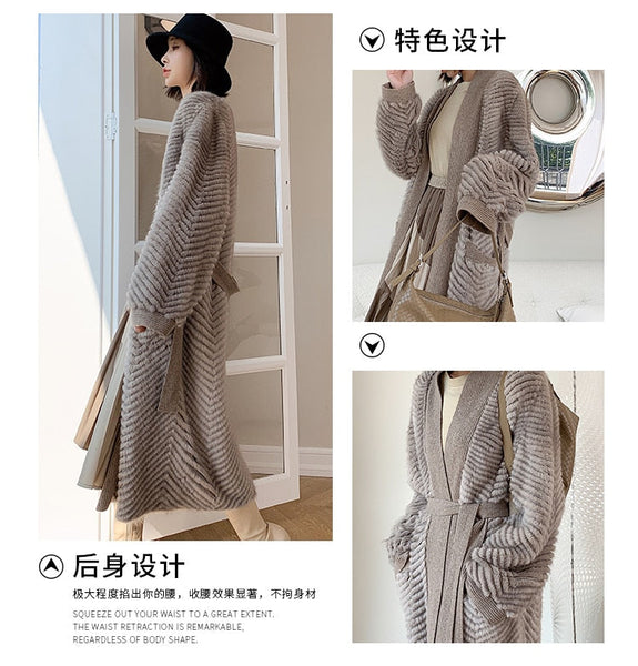 Winter Warm Long Natural Mink Fur Belt Knitted Jacket For Female  -  GeraldBlack.com