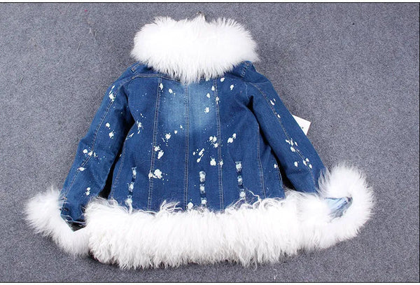 Winter Warm Natural Wool Lined Luxurious Wool Fur Collar Casual Denim Jacket for Women  -  GeraldBlack.com