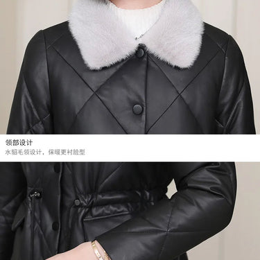 Winter Woman Genuine Leather Mink Fur Collar Medium Sheepskin Slim Fashion Down Jackets  -  GeraldBlack.com