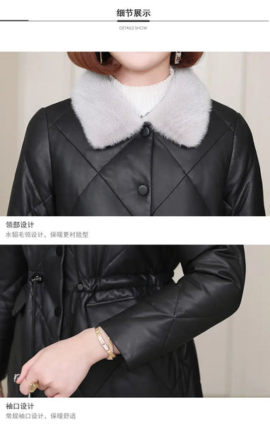 Winter Woman Genuine Leather Mink Fur Collar Medium Sheepskin Slim Fashion Down Jackets  -  GeraldBlack.com