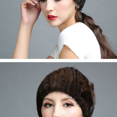 Winter Women Genuine Mink Fur Flowers Decorate Knitted Beanies Fashion Caps  -  GeraldBlack.com