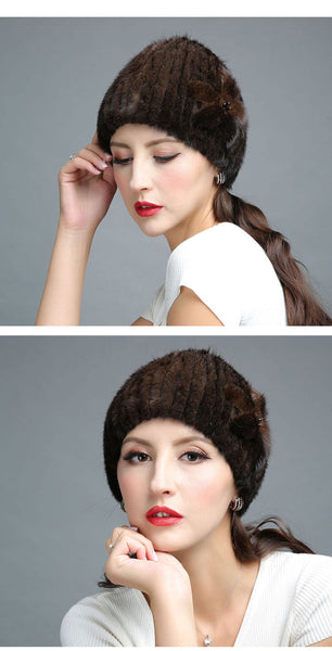 Winter Women Genuine Mink Fur Flowers Decorate Knitted Beanies Fashion Caps  -  GeraldBlack.com