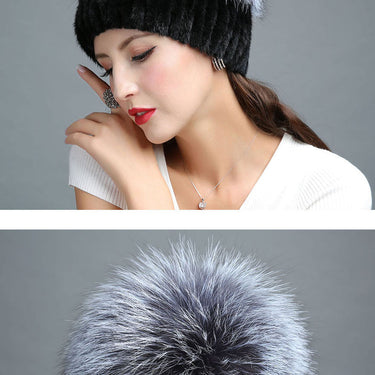 Winter Women Genuine Real Mink Fur Silver Fox Fur Knitted Beanies Caps  -  GeraldBlack.com