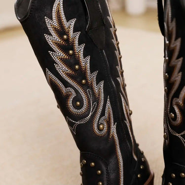 Woman Fashion 5.5cm Sewing Genuine Leather Ankle Knee High Slip on Western Knight Cowboy Autumn Spring Ethnic Boots Shoes  -  GeraldBlack.com