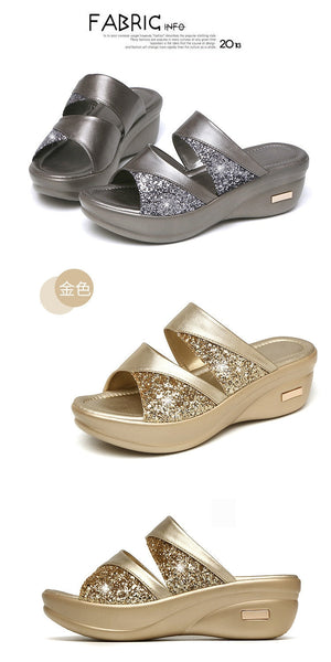 Woman Summer Gold Open Toe High Wedges Heeled Slippers Footwear Shoes  -  GeraldBlack.com