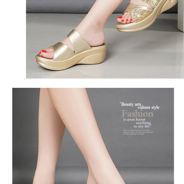 Woman Summer Gold Open Toe High Wedges Heeled Slippers Footwear Shoes  -  GeraldBlack.com