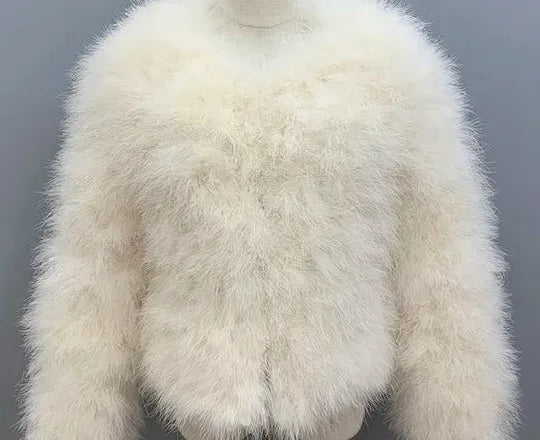 Women Beige Ostrich Fur Feather Short Furry Fluffy Plus Size Puffy Turkey Fur Party Long Sleeve Winter Coat Outerwear  -  GeraldBlack.com