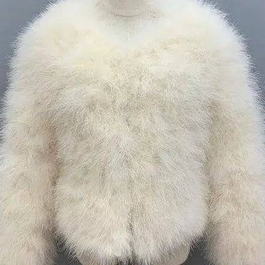 Women Beige Ostrich Fur Feather Short Furry Fluffy Plus Size Puffy Turkey Fur Party Long Sleeve Winter Coat Outerwear  -  GeraldBlack.com