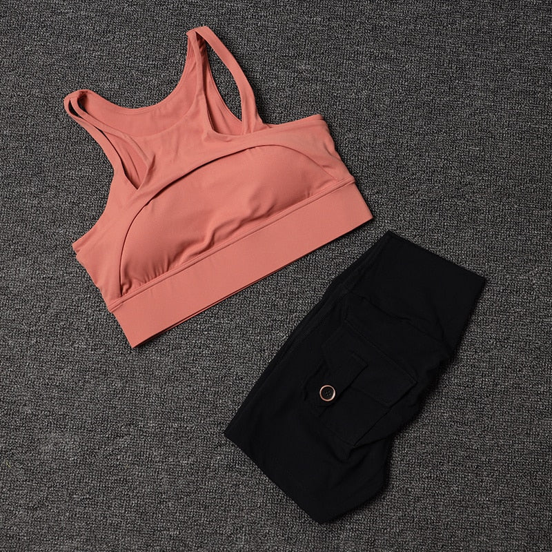 Women Black High Waist Sports Pocket Shorts With Coral Sports Bra Sportswear Gym Workout Cycling Fitness Yoga Outfit Clothes  -  GeraldBlack.com
