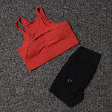 Women Black High Waist Sports Pocket Shorts With Red Sports Bra Sportswear Gym Workout Cycling Fitness Yoga Outfit Clothes  -  GeraldBlack.com