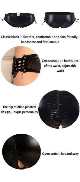 Women Black Leather Panties Lacing Low Waist Underwear Sexy Hollow Out 5XL Plus Size Lingerie Crotchless Knickers  -  GeraldBlack.com