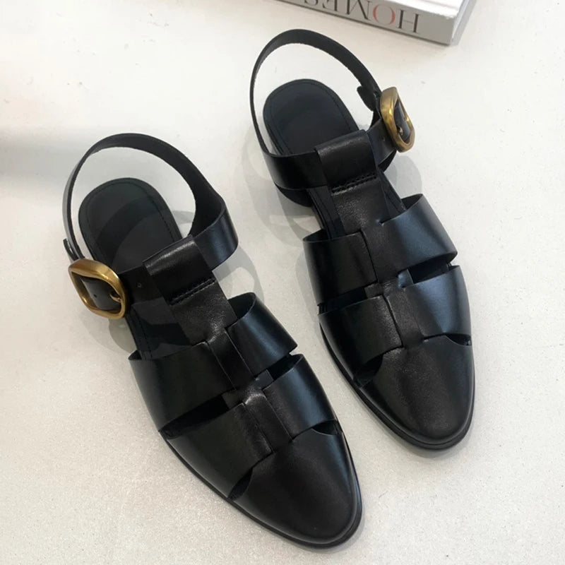 Women Black Roman Cutout Design Leather Strap Pigpen Sandals  -  GeraldBlack.com