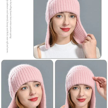 Women Cashmere Autumn Winter Solid Comfortable Warm Thicken Beanie Skullies Hat With Earflaps  -  GeraldBlack.com