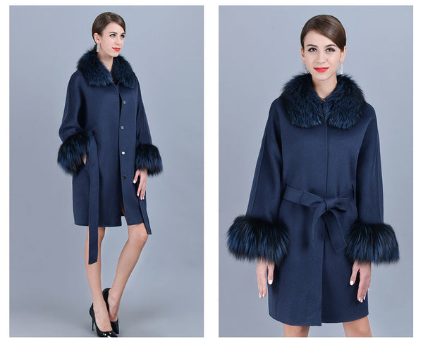 Women Cashmere Winter Sleeve Collar Genuine Natural Real Fox Fur Jacket  -  GeraldBlack.com