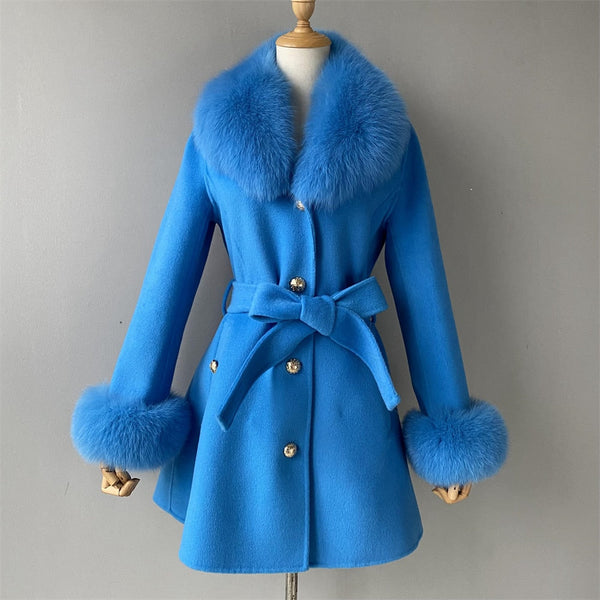Women Cashmere Wool Blend Natural Fox Fur Collar Cuffs Winter Belt Slim Jacket Outerwear  -  GeraldBlack.com