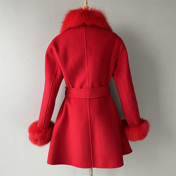 Women Cashmere Wool Blend Natural Fox Fur Collar Cuffs Winter Belt Slim Jacket Outerwear  -  GeraldBlack.com